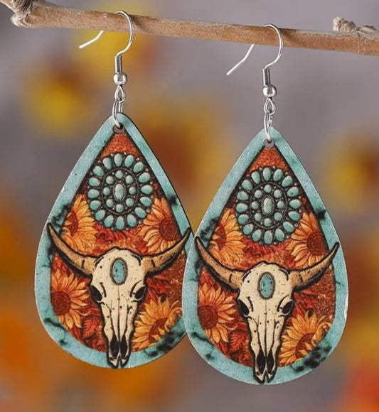 Steer Head Print Wooden Earrings