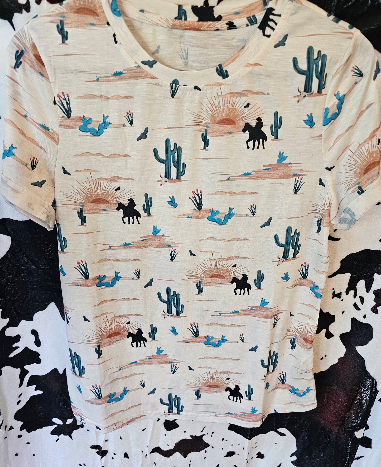 Western Cactus Print Crew Neck Top