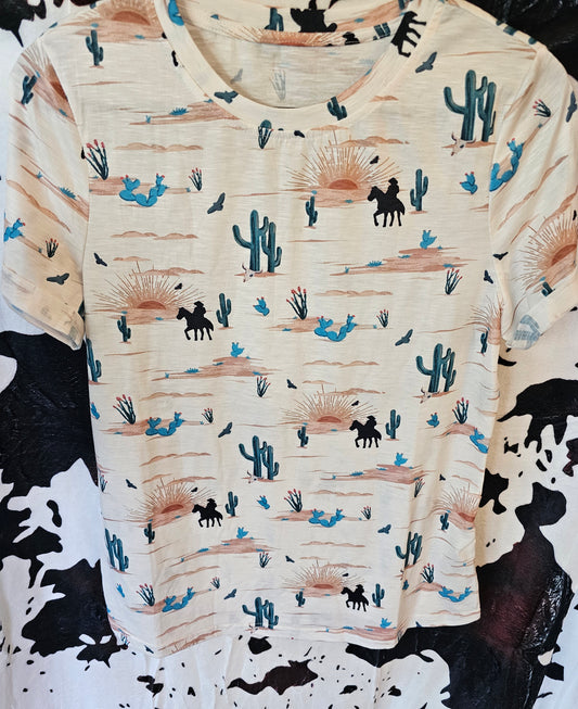 Western Cactus Print Crew Neck Top